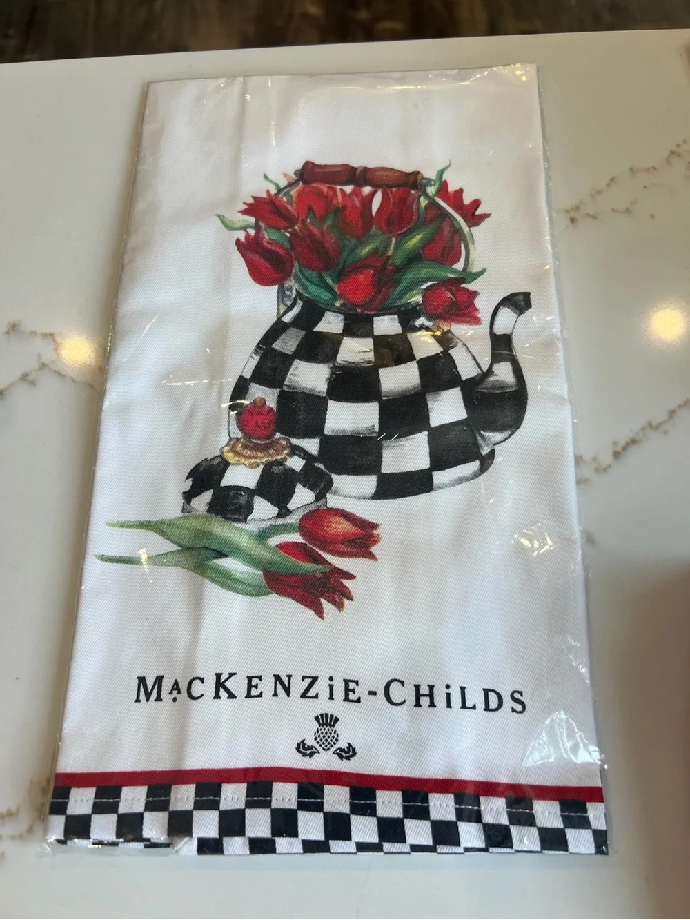 MacKenzie-Childs Black & White Check Teapot Towel with Red Tulips